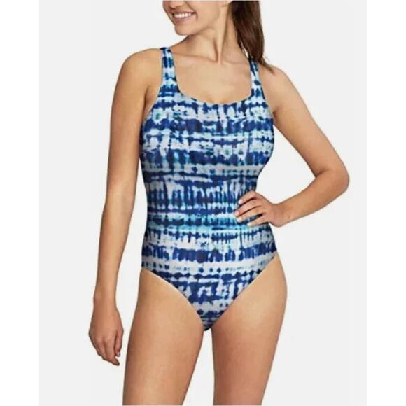 Speedo Printed Square Neck One Piece Swimsuit Women’s XL Blue Tummy Control - Picture 1 of 11